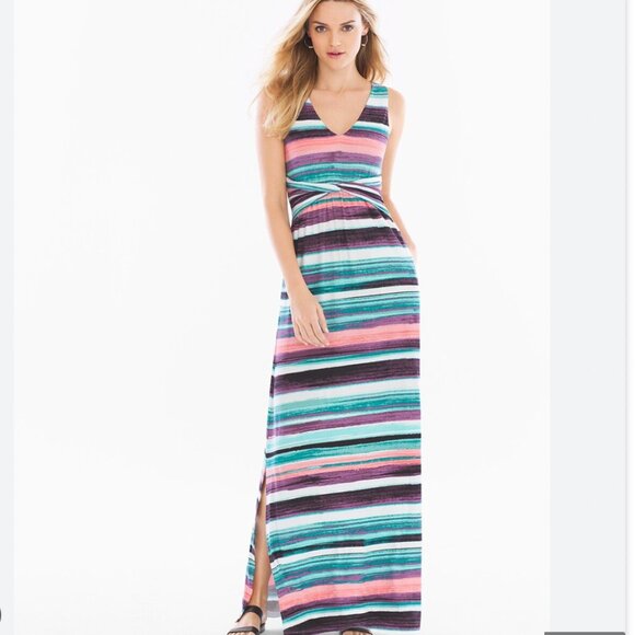Soma Soft Jersey Knotted Waist Sleeveless Maxi Dress Size Large Striped - Picture 1 of 10
